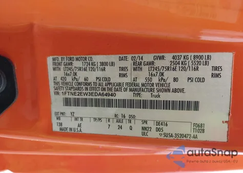 2014 Ford E-250 Commercial z USA, uszkodzony, nr VIN 1FTNE2EW3EDA64940